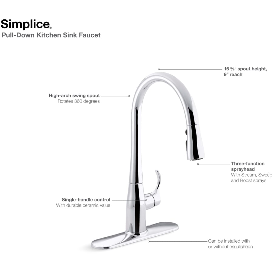 Kohler Simplice 1.5 GPM Single Hole Pull Down Kitchen Faucet - Includes Escutcheon